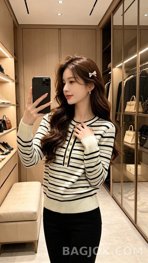 샤넬 샤넬 더블C 버튼 스트라이프 니트 상세 이미지