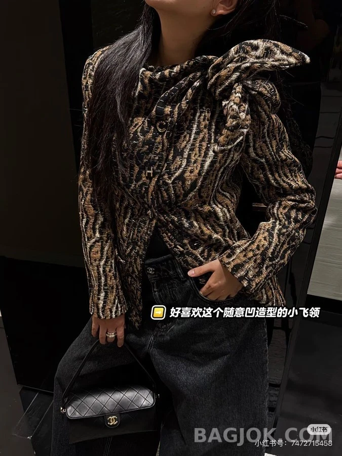 샤넬 샤넬 호피 무늬 보우칼라 트위드 자켓 상세 이미지