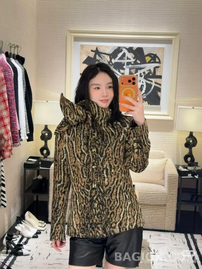 샤넬 샤넬 호피 무늬 보우칼라 트위드 자켓 상세 이미지