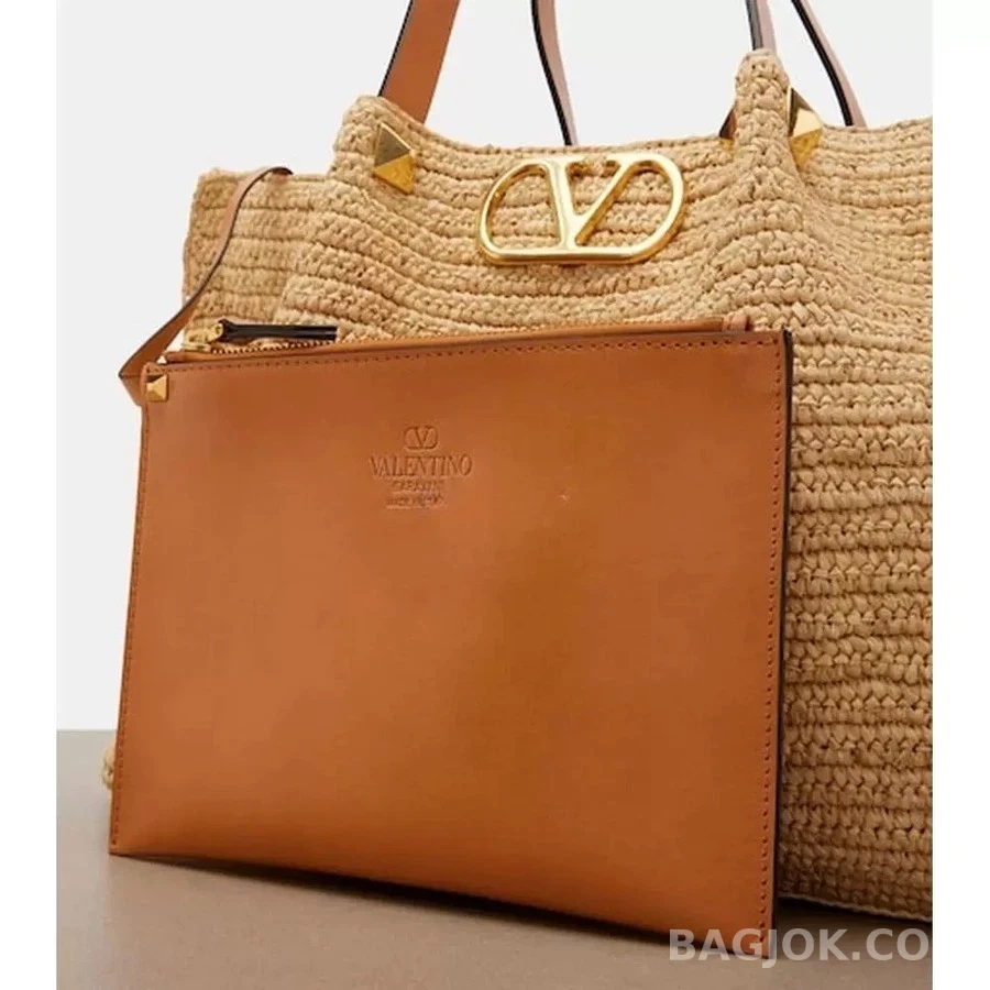 발렌티노 발렌티노 V로고 이스케이프 미디엄 라피아 토트백 상세 이미지